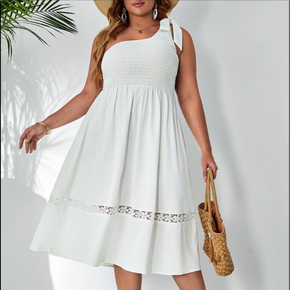 Dresses & Skirts - Boho Plus Size White One Shoulder Smocked Floral Lace Dress